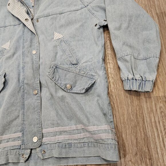 Vtg Stefano Denim Jacket Womens L Blue Chambray Coastal Boho Full Zip Hooded - Picture 4 of 8